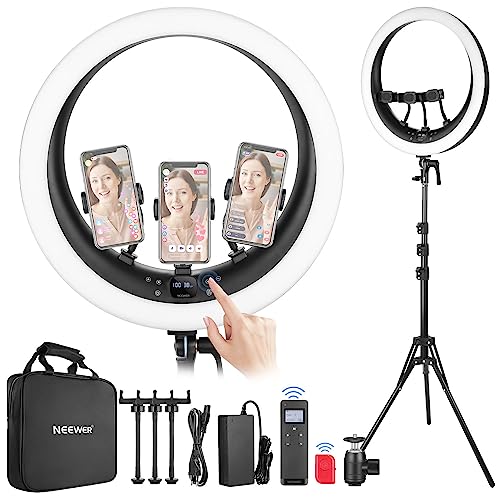 NEEWER 19Zoll Ringlicht mit Ständer,3 Telefonhalterungen & Mini Kugelkopf,verbesserte 2,4G&Touch Steuerung,sanftes Dimmen bei 1%,3200K-5600K Ring Light für TikTok Live Streaming Video Aufnahme, RP19H von NEEWER