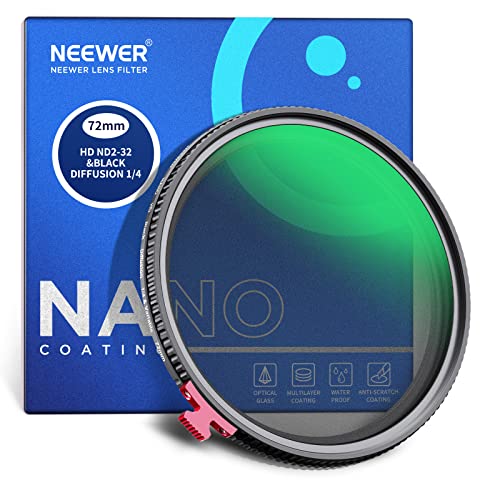 NEEWER 2 in 1 72mm Black Diffusion 1/4 Effekt mit ND2-ND32 Variable ND Filter kein X Kreuz Graufilter Optisches HD Glas vernebelten verträumten Kinofunktionen wasserabweisend Kratzfest staubdicht von NEEWER