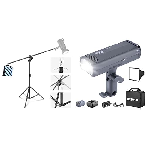 NEEWER 2-in-1-Foto-Lichtstativ, 9.7ft Schwerlast Stativ aus Aluminiumlegierung mit Auslegeram und leerem Sandsack für Videolicht, Q3 200 Ws 2,4G TTL-Blitz (2. Version),1/8000 HSS GN58 Blitzlicht von NEEWER