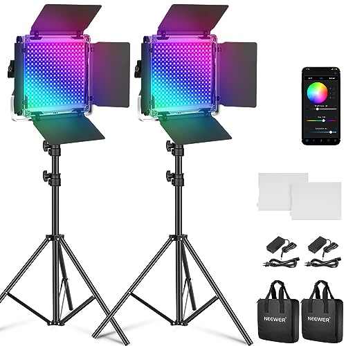 NEEWER 2 x 660 PRO RGB LED Videoleuchte Panel mit Stativ Ständer Set App Steuerung 360° Vollfarbe Videolicht 50W Dimmbar 3200~5600K CRI97+ Studio Dauerlicht Gaming/Streaming/Zoom/YTB/Webex/Fotografie von NEEWER