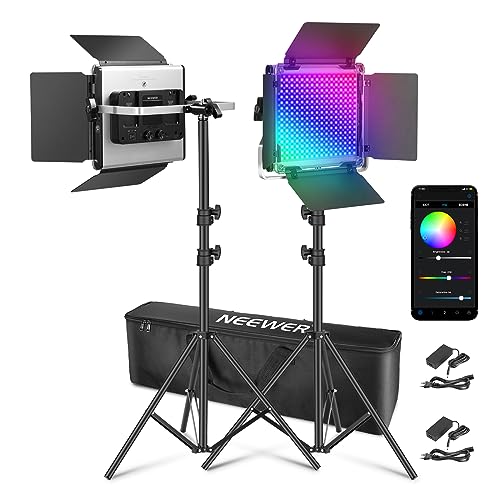 NEEWER 2X Verbesserte 660 PRO II 50W RGB LED Videoleuchte Panel Set Stative Ständer mit App Steuerung Videolicht 360° Vollfarbe Video Fotolicht/CRI97+/3200K~5600K Studio Dauerlicht Fotografie Film von NEEWER