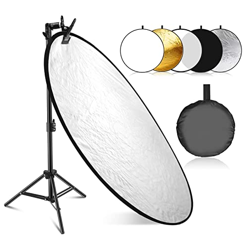 NEEWER 110cm Lichtreflektor Set, 5 in 1 Faltbarer runder Reflektor (durchscheinend/Silber/Gold/Weiß/Schwarz) mit Klemme, Montageadapter und 53-110cm Ständer, für Kinderfotografie im niedrigen Winkel von NEEWER