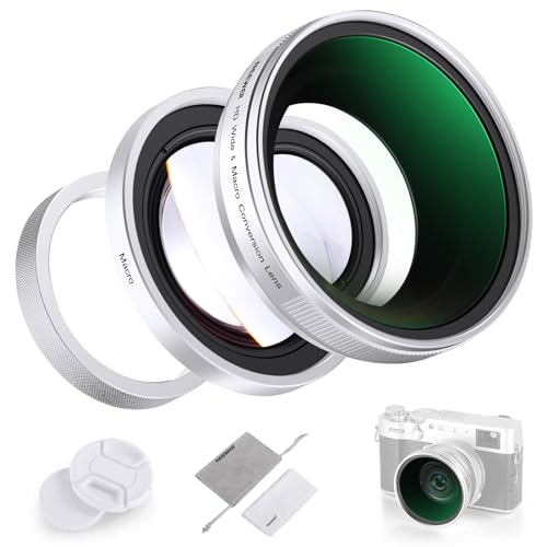 NEEWER 49 mm Weitwinkelobjektiv 0,75 x und 1,4 x zusätzliches Makro für X100 Serie, 2-in-1-HD-Objektiv mit 49 mm Adapterring für Fujifilm X100 X100S X100F X100T X100V X100VI (silberner Rahmen), LS-47 von NEEWER