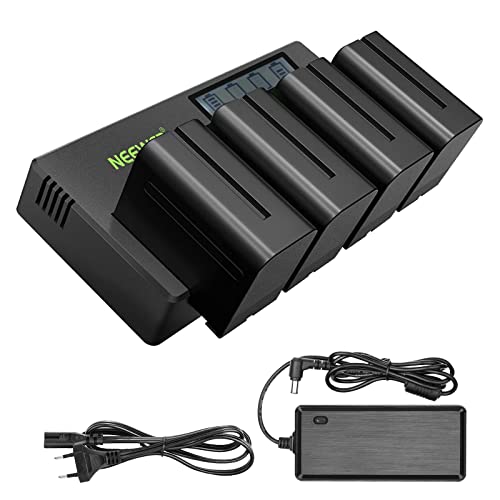 NEEWER 4er-Pack 7,4V 6600mAh NP-F970 Ersatzbatterien mit 4-Kanaligem Ladegerät und Netzteil, kompatibel mit NP-F550/750/770/970 FM500H QM71D QM91D, Feldmonitor, Videoleuchte von NEEWER