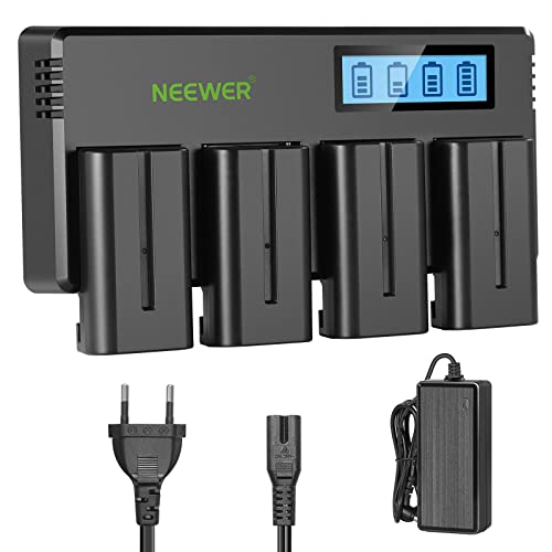 NEEWER 4er Packung 7,4V 2600mAh NP-F550 Ersatzbatterien mit 4 Kanal Akkuladegerät und Netzteil, Ersatzakku kompatibel mit NP-F550/750/770/970 FM500H QM71D QM91D, Feldmonitor, Videoleuchte von NEEWER