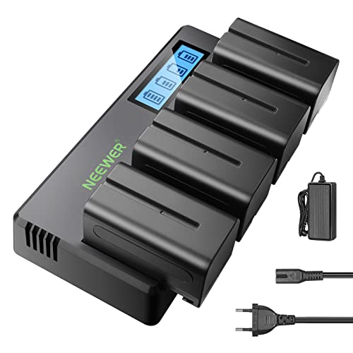 NEEWER 4er Packung NP F750 Ersatzbatterien 7,4 V 5600 mAh mit 4 Kanalige Ladegerät und Netzteil, kompatibel mit NP F550/750/770/970 FM500H QM71D QM91D, Feldmonitor, Videoleuchte von NEEWER