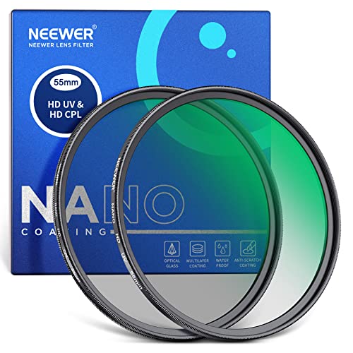 NEEWER 55mm CPL UV Filter Set, Zirkular Polfilter(Polarisationsfilter)/UV Schutz Objektivfilter Set mit optischem HD Glas mit doppelseitiger 30 lagiger Nanobeschichtung/ultradünnem Aluminiumrahmen von NEEWER