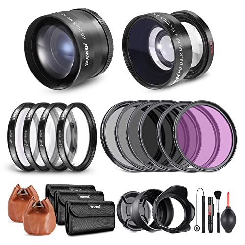 NEEWER 58mm Objektiv und ND Filter Set Weitwinkel/2,2 Fach Teleobjektiv für 18mm 85mm APS C Objektiv, Nahfilter(+1+2+4+10) Makro/UV/CPL(Polfilter)/FLD/ND2 ND4 ND8 Graufilter von NEEWER