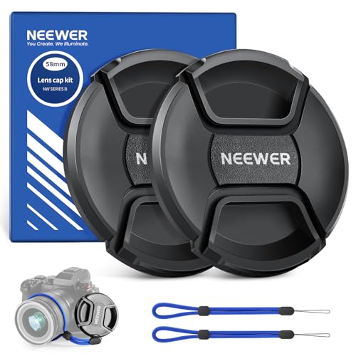 NEEWER 58mm Objektivdeckel Set (2er Pack), Lens Cap mit Riemen zum Schutz vor Verlus und Reinigungstuch, kompatibel mit Canon Nikon Sony Fujifilm Panasonic Kamera Objektiv von 58mm Durchmesser von NEEWER