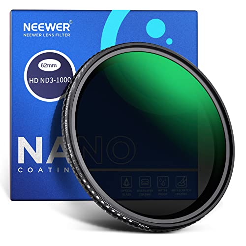 NEEWER 62mm Variable ND Filter ND3-ND1000 (1,5-10 Begrenzte Stops) Variabel Graufilter optischem HD Glas doppelseitigen 30 lagigen Nanobeschichtungen wasserabweisend Kratzfest Aluminiumrahmen von NEEWER