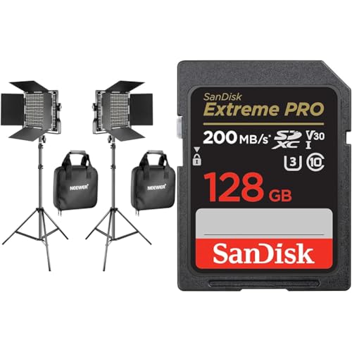 NEEWER 660 LED Videolicht Panel 2 Set mit Stativ: (2) Bi Farbe CRI96+ LED Videoleuchte Fotolicht mit Barndoor & SanDisk Extreme PRO SDXC UHS-I Speicherkarte 128 GB (V30 von NEEWER