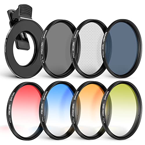 NEEWER 77mm ND+CPL + Effektfilter Set mit Handy Objektivklemme Polfilter ND32 6 Punkt Sternfilter 4 Verlaufsfarbfilter Kompatibel mit 15 14 Pro Max 14 13 12 11 von Neewer