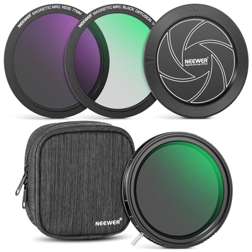 NEEWER 77mm vielseitiges Magnetic ND Filter Set, 2 in 1 Variabler ND2-ND32&CPL(Zirkular Polfilter)+Magnetisch ND32+Black Diffusion 1/4 Filterset mit Objektivdeckel, Wasserabweisende Tasche von NEEWER