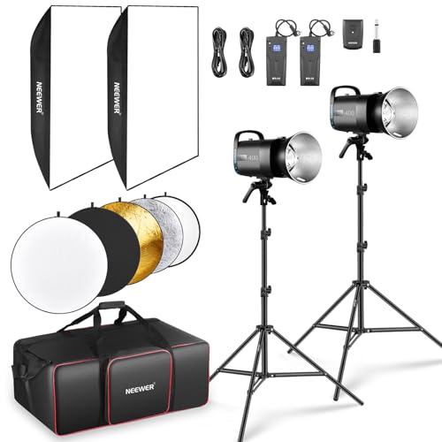 NEEWER 800W Studio Monolight Blitzlicht Set (2er Pack), S101-400W 5600K Studio Flash mit 150W Einstelllampe/Bowens Mount/Softbox/Ständer/Reflektor/RT-16 Auslöser/Tasche für Porträt Produktfotografie von NEEWER