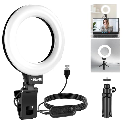 NEEWER BASICS 5" Ringlicht mit Klemme und Mini Stativ, 10W 3000k-6000K Dimmbares Ansteckleuchte für Laptop Computer Monitor Videokonferenzen Selfie, Vlog Makeup, Live Streaming, Videoaufnahmen, BR60 von NEEWER
