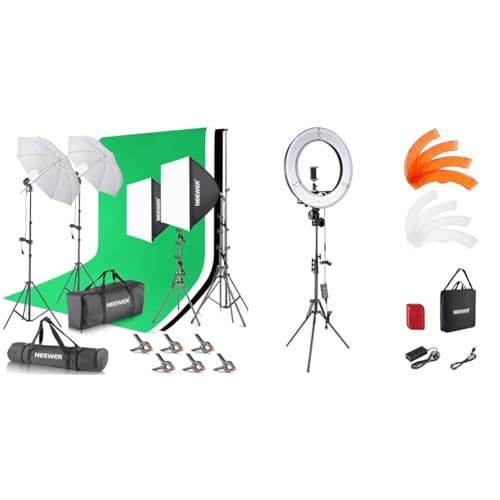 NEEWER Fotostudio Set mit Hintergrund Fotografie & Ringlicht mit Stativ Set: 18 Zoll/45cm Außen 55W 5600K Dimmbare LED Ringleuchte von NEEWER