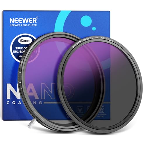 NEEWER HD True Colors 62mm Variabler ND Filter ND2-512 (1-9 Stop), VND Filter und magnetischer ND32 Graufilter, mehrfach beschichtet, Keine Farbverschiebung/kein X Kreuz/Keine Vignettierung von NEEWER
