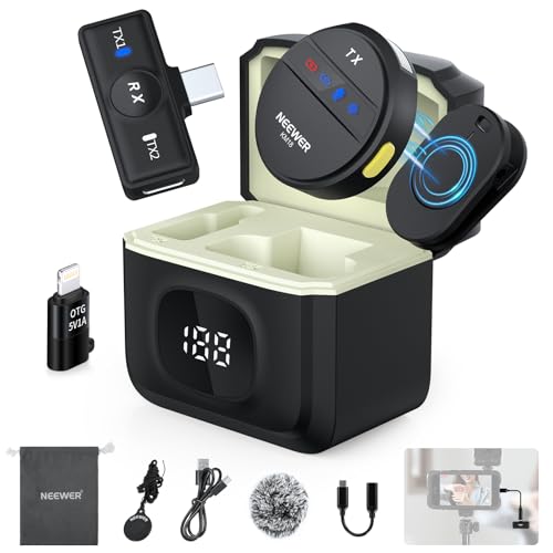 NEEWER USB C Wireless Lavalier Mikrofon System kompatibel mit iPhone 16 15 Android Telefon PC Laptop Geräuschunterdrückung Mini Clip auf Ansteckmikrofon Kit Ladekoffer für Vlog Aufnahme, KM18 von NEEWER