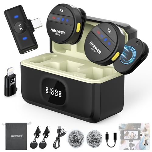 NEEWER Kabelloses Lavalier Mikrofon für iPhone Lärmunterdrückung Mini Ansteckmikrofon Set mit USB C OTG Lade Etui 24H Akku 200m Reichweite Kompatibel mit iPhone 16 15 Android Telefon PC Laptop, KM18 von NEEWER