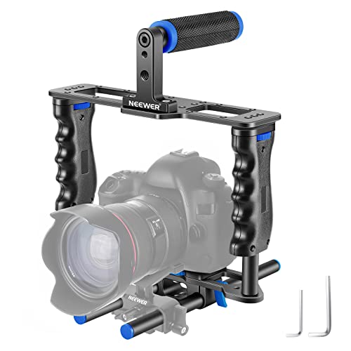 NEEWER Kamera Videokäfig aus Aluminiumlegierung, mit oberem Griff, Zwei Handgriffen, Zwei 15mm Stangen, kompatibel mit Canon Sony Fujifilm Nikon DSLR Camera und Camcorder (Schwarz + Blau) von NEEWER