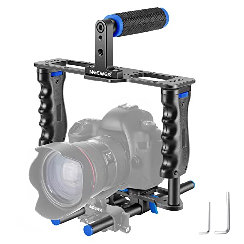 NEEWER Cage Kamera Käfig aus Aluminiumlegierung, mit oberem Griff, Zwei Handgriffen 15mm Stangen, Video Stabilisator kompatibel mit Canon Sony Fujifilm Nikon DSLR Camera und Camcorder (Schwarz + Blau) von Neewer