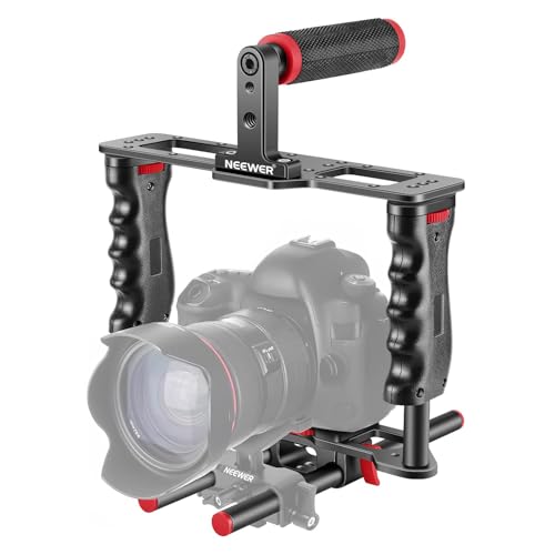 NEEWER Cage Kamera Käfig aus Aluminiumlegierung, mit oberem Griff, Zwei Handgriffen 15mm Stangen, Video Stabilisator kompatibel mit Canon Sony Fujifilm Nikon DSLR Camera und Camcorder (Schwarz + Rot) von NEEWER