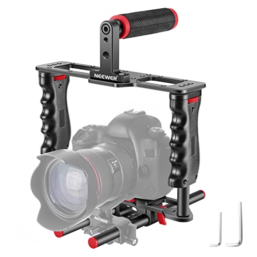 NEEWER Kamera Videokäfig aus Aluminiumlegierung, mit oberem Griff, Zwei Handgriffen, Zwei 15mm Stangen, kompatibel mit Canon Sony Fujifilm Nikon DSLR Camera und Camcorder (Schwarz + Rot) von NEEWER