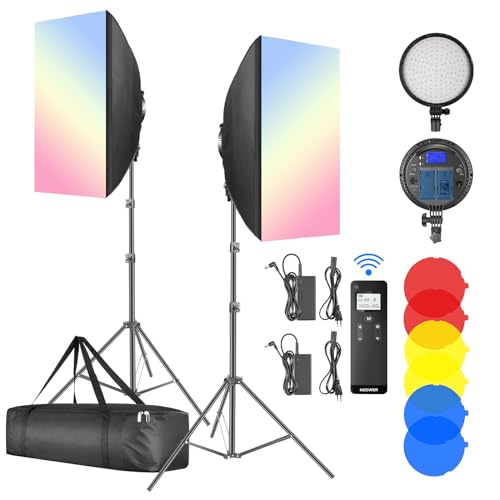 NEEWER LED Softbox Beleuchtungsset mit 2,4G Fernbedienung, 2er Pack 48W Bi Color Dauerlicht für Fotografie 2900K-7000K, Farbfilter/Stative/NP-F Batteriehalter für Videoaufnahmen im Freien, NW48 II von NEEWER