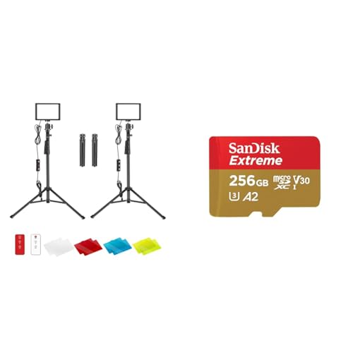 NEEWER LED Videolicht Set mit verstellbarem Stativ Ständer Farbfiltern & SanDisk Extreme microSDXC UHS-I Speicherkarte 256 GB + Adapter von NEEWER