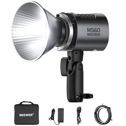 NEEWER MS60 Videoleuchte LED Studiolicht mit 2,4G/APP Steuerung, 65W Dauerlicht 5600K Tageslicht Mini COB Videolicht, 40000Lux/1m CRI 97+/TLCI 98+ 9 Effekte, 0–100% PWM Dimmung, Bowens Mount Adapter von NEEWER