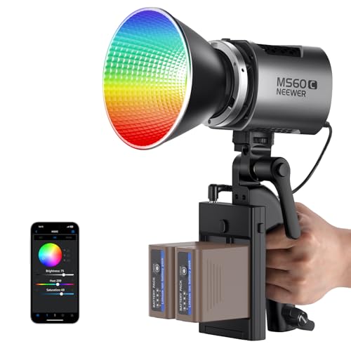 NEEWER MS60C Videoleuchte RGBWW LED Videolicht mit 2,4G/APP Steuerung, 2X 7800mAh NP-F970 Akku 65W Mini RGB RGBCW COB Dauerlicht Bowens Halterung 2700K-6500K 8300Lux/1m CRI 97+/TLCI 98+ 17 Effekte von NEEWER