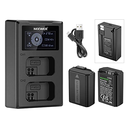 NEEWER NP-FW50 Ersatz-Akku, kompatibel mit Sony ZV-E10, a7, a7R, a7RII, a7II, a7SII, a7S, a7RII, a6300, a6400, a6500, RX10, 2 Pack 1100 mAh Akku, Dual USB-Ladegerät, USB-C Kabel von NEEWER