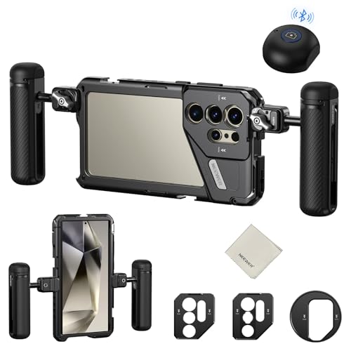 NEEWER PA042 S24 Ultra Handy Cage Käfig Video Rig Stabilisator mit PA045S Seitengriff, PA045E Bluetooth Auslösergriff 67mm Filter Adapter 17mm hintere Objektiv Plate, T Mount Objektivadapter Wischtuch von NEEWER