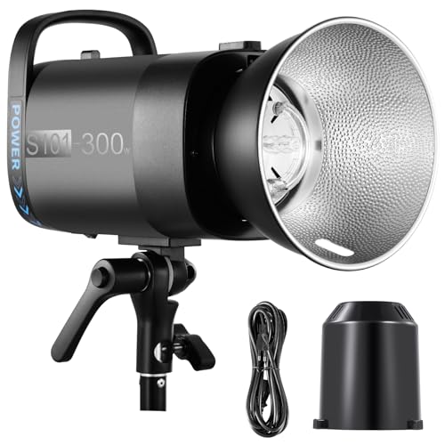 NEEWER S101-300W Stroboskop Blitzlicht mit 9 Stufen, 150W Einstelllampe, Studioblitz 300Ws GN58 5600K Studio Strobe Flash mit Standard Bowens Mount Reflektor, leiser S1/S2 Lüfter für Produktaufnahmen von NEEWER