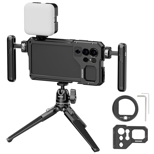 NEEWER S23 Ultra Cage Telefonkäfig Video Rig mit Zwei seitlichen Griffen, 67mm Filteradapter, 17mm Objektivrückwandplatte, RGB LED Licht, Mini Stativ, Handy Käfig Set für Samsung S23 Ultra Video von NEEWER