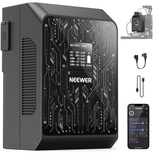NEEWER Smart Mini V Mount Akku NEEWER APP Steuerung 6800mAh 99Wh 14,5V mit 100W PD Schnellladung OLED Dual USB C/D Tap/BP/USB A/Dual DC Anschlüsse Kompatibel mit BMPCC 4k 6k Camcorder Kamera PS099S von NEEWER