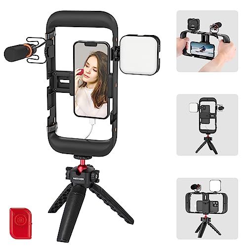 NEEWER Telefonstabilisator Video Rig Set für Videoaufzeichnung Vlogging, Telefonkäfig mit LED Videoleuchte, CM14 PRO Mini Mikrofon, Tischstativ kompatibel mit iPhone 14 Pro Max Samsung Huawei, PA004 von NEEWER