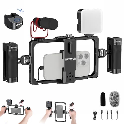 NEEWER Universal Phone Käfig Handy Stabilisator Video Rig Beleuchtung Set mit Bluetooth Auslöser Seitengriff, LED Licht, USB C Mikrofon, kompatibel mit iPhone 16 Pro Max 15 Pro Max S24 Ultra, PA009E NEEWER Universal Phone Käfig Handy Stabilisator Video Rig Beleuchtung Set mit Bluetooth Auslöser Seitengriff, LED Licht, USB C Mikrofon, kompatibel mit iPhone 16 Pro Max 15 Pro Max S24 Ultra, PA009E von NEEWER