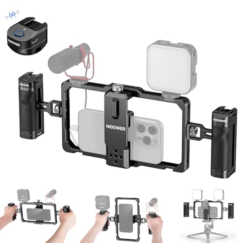 NEEWER Universal Telefon Käfig Video Rig mit Bluetooth Auslöser Seitengriff komfortable Griffe Handy Stabilisator für Video, Phone Cage kompatibel mit iPhone 15 Pro Max 15 Pro Galaxy S24 Ultra PA009E von NEEWER