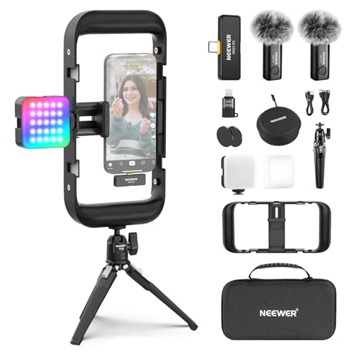 NEEWER Vlogging Set für Handy mit RGB LED Licht/Lavalier Funkmikrofon System/Mini Stativ/Handy Käfig Video Rig, Inhalt Ersteller Grundausstattung kompatibel mit iPhone Android Podcast YouTube, PA049 NEEWER Vlogging Set für Handy mit RGB LED Licht/Lavalier Funkmikrofon System/Mini Stativ/Handy Käfig Video Rig, Inhalt Ersteller Grundausstattung kompatibel mit iPhone Android Podcast YouTube, PA049 von NEEWER