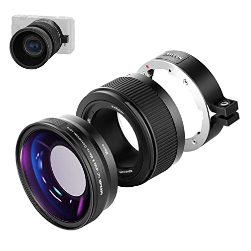 NEEWER Weitwinkelobjektiv kompatibel mit Sony ZV1 Kamera, 2 in 1 18mm HD Weitwinkel und 10 Fach Makro Zusatzobjektiv mit Verlängerungsrohr, Bajonett Linsenadapter, Reinigungstuch (schwarzer Rahmen) von NEEWER