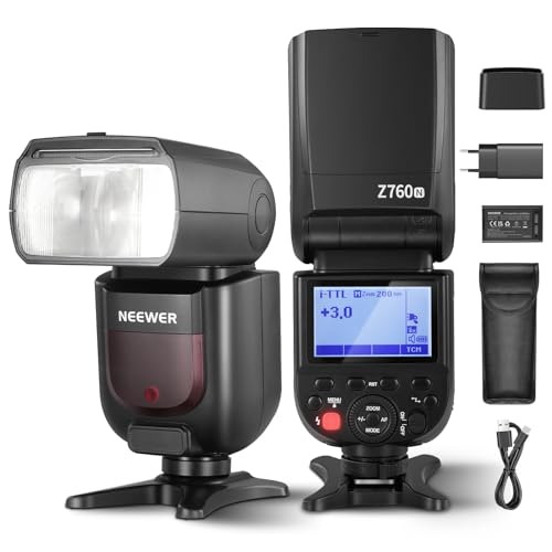 NEEWER Z760-N TTL Kamerablitz Speedlite kompatibel mit Nikon DSLR, 76Ws GN60 2,4G 1/8000s HSS Blitzgerät, TCM Konvertierung, 7,4V/2600mAh Lithium Akku Ladegerät Set, 480 Blitze mit voller Leistung von NEEWER
