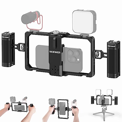 NEEWER verbessertes Telefon Rig Vlogging Set, Videostabilisator mit doppeltem Griff,drahtloser Mic Clip Slot für Tiktok/YouTube, kompatibel mit SmallRig iPhone 14 Pro Max 13 Pro Max Galaxy S23, PA009 von NEEWER