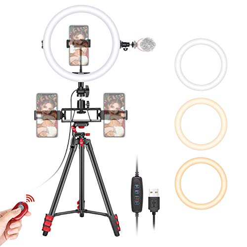 Neewer 10 Zoll Selfie Ringlicht mit Stativständer 3 Handyhalterungen LED Ringlicht mit weicher Röhre und Fernbedienungs Set 3 Moduslichter für Make-up YouTube/TikTok Video Live Streaming von NEEWER