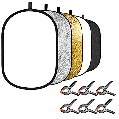 Neewer 5-in-1 Licht Reflektor mit 6-Stück Hintergrundklammer Set: Tragbare 60x90 Zentimeter zusammenklappbare Oval-Reflektorscheibe (Lichtdurchlässig, Silber, Gold, Weiß, Schwarz) für Fotostudio von NEEWER