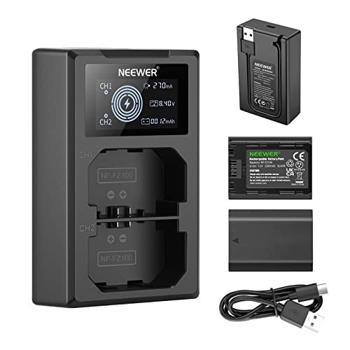 Neewer NP-FZ100 Ersatz Akku Ladegerät Kit, kompatibel mit Sony ZV-E10II A9III A7CII ZV-E1 A7III A7IV FX3 FX30 A6700 A1, 2 Packs Li-ION 2280mAh Akkus, Dual USB Ladegerät mit LCD Display Neewer NP-FZ100 Ersatz Akku Ladegerät Kit, kompatibel mit Sony ZV-E10II A9III A7CII ZV-E1 A7III A7IV FX3 FX30 A6700 A1, 2 Packs Li-ION 2280mAh Akkus, Dual USB Ladegerät mit LCD Display von NEEWER
