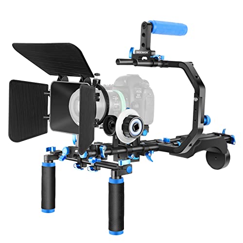 Neewer Schulter Rig Kit für DSLR Kameras und Camcorder, Film Video Filmerstellungssystem mit Matte Box, Follow Focus, C-Shaped Bracket, 15mm Stangen, Handgriff, 1/4" & 3/8" Gewinde (Blau + Schwarz) von NEEWER