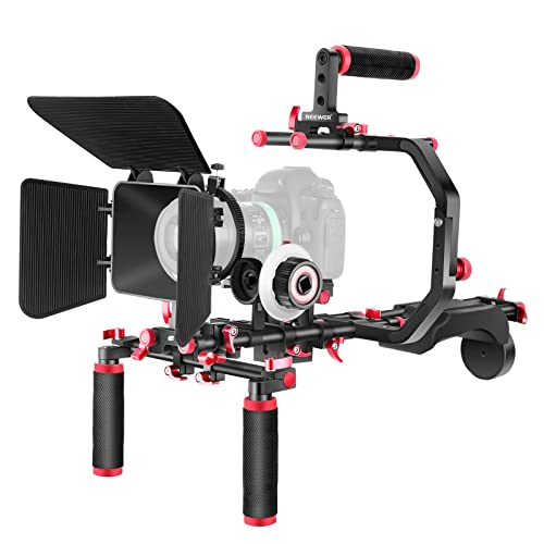 Neewer Schulter Rig Kit für DSLR Kameras und Camcorder, Film Video Filmerstellungssystem mit Matte Box, Follow Focus, C-Shaped Bracket, 15mm Stangen, Handgriff, 1/4" & 3/8" Gewinde (Rot + Schwarz) von NEEWER