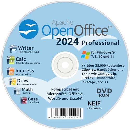 Open Office 2024 Professional Vollversion auf DVD - kompatibel mit Microsoft® Office® Word® und Excel® - für Windows 11/10/8/7 von NEIF Software