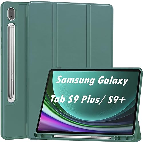 NEKOSUKI Hülle für Samsung Galaxy Tab S9 Plus 2023 12.4 Inch (SM-X810/SM-X816B/SM-X818U), Schlank leichte und Klappständer Schutzhülle Mit Pen Halter für Galaxy Tab S9+, Auto Schlaf Wach, Dark Green von NEKOSUKI